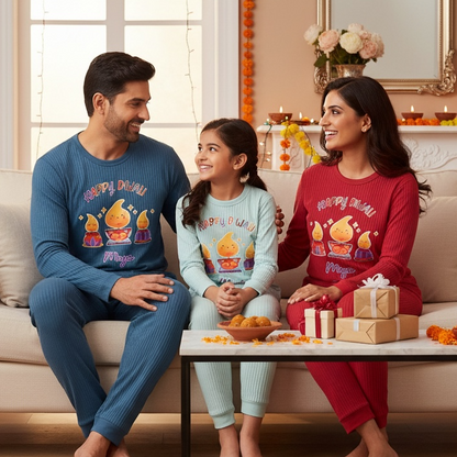 Personalised Happy Diwali Ribbed Lounge Set - Kids & Adults - Matching Family Spiritual Pyjamas - Diya Design