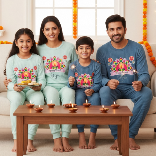 Personalised Happy Diwali Ribbed Lounge Set - Kids & Adults - Matching Family Spiritual Pyjamas - Bold Mandala Design