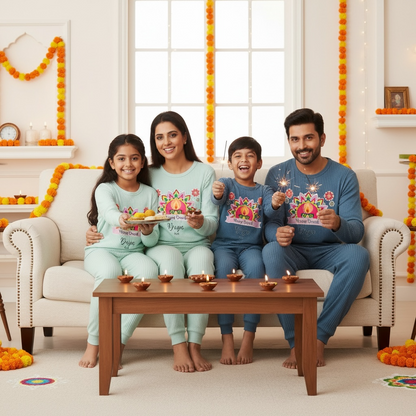 Personalised Happy Diwali Ribbed Lounge Set - Kids & Adults - Matching Family Spiritual Pyjamas - Bold Mandala Design