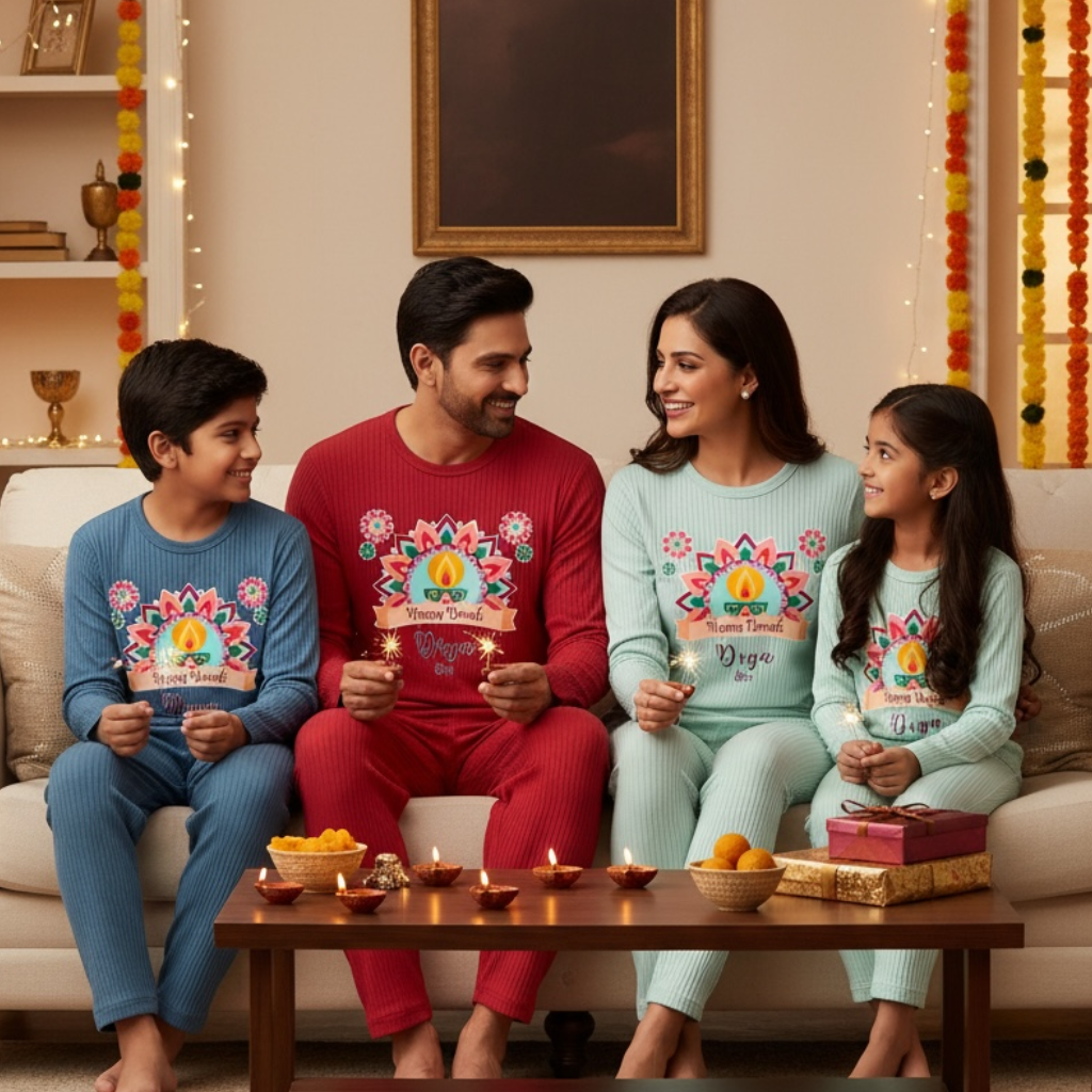 Personalised Happy Diwali Ribbed Lounge Set - Kids & Adults - Matching Family Spiritual Pyjamas - Pastel Mandala Design