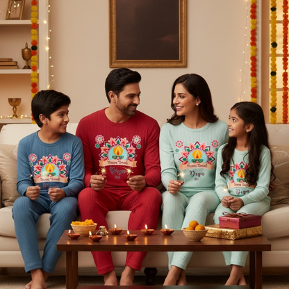 Personalised Happy Diwali Ribbed Lounge Set - Kids & Adults - Matching Family Spiritual Pyjamas - Pastel Mandala Design