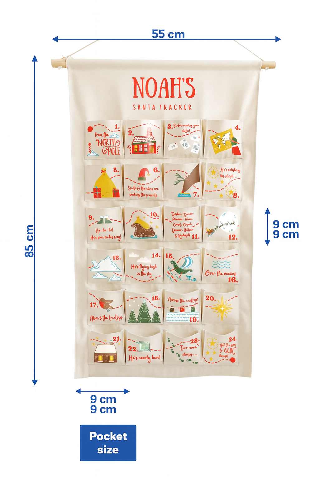 Santa tracker with pocket size and calendar dimensions on a white background