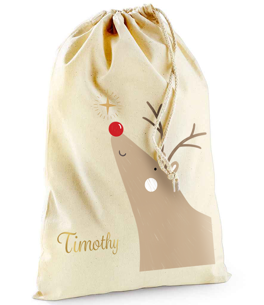Personalised Rudolph Reindeer Sack with Christmas Gifts 100% Cotton