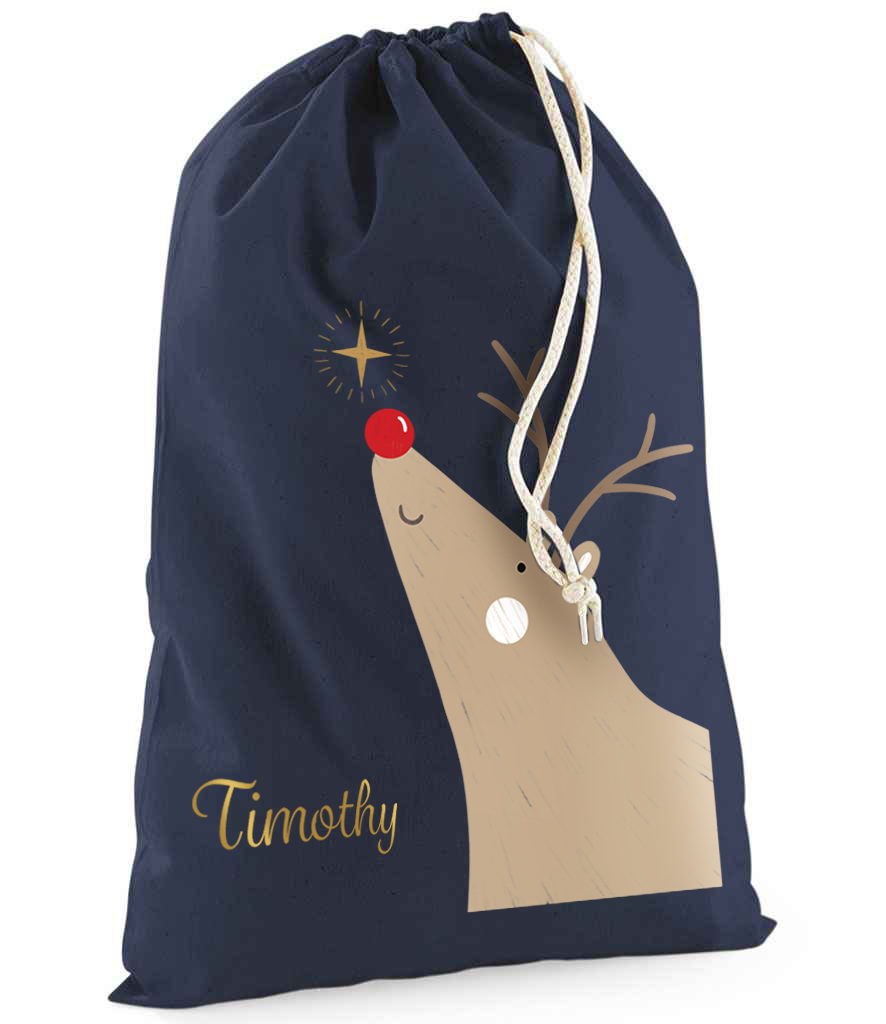 Personalised Rudolph Reindeer Sack with Christmas Gifts 100% Cotton