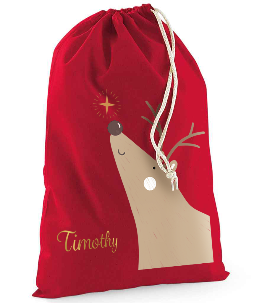 Personalised Rudolph Reindeer Sack with Christmas Gifts 100% Cotton