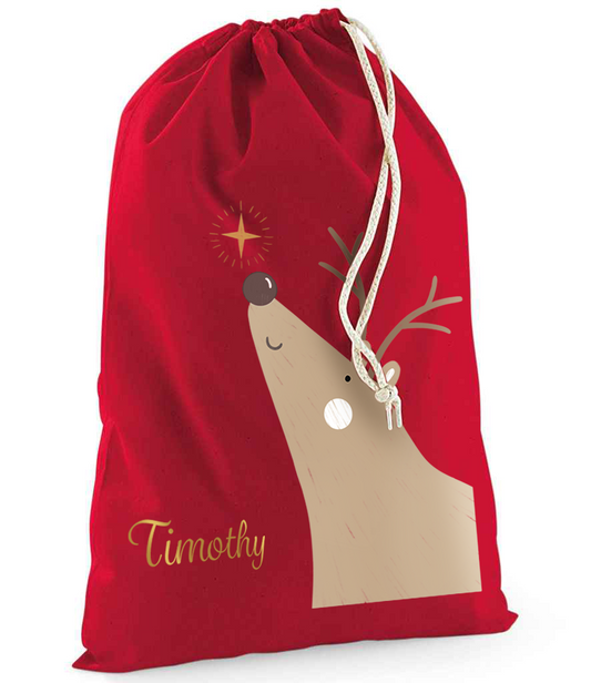 Personalised Rudolph Reindeer Sack with Christmas Gifts 100% Cotton