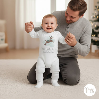 'My First Christmas' Reindeer Romper - Personalised Baby Grow - Christmas Pyjamas