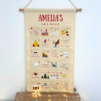 The hand-drawn detail and fabric texture of the personalised Santa Tracker advent calendar.