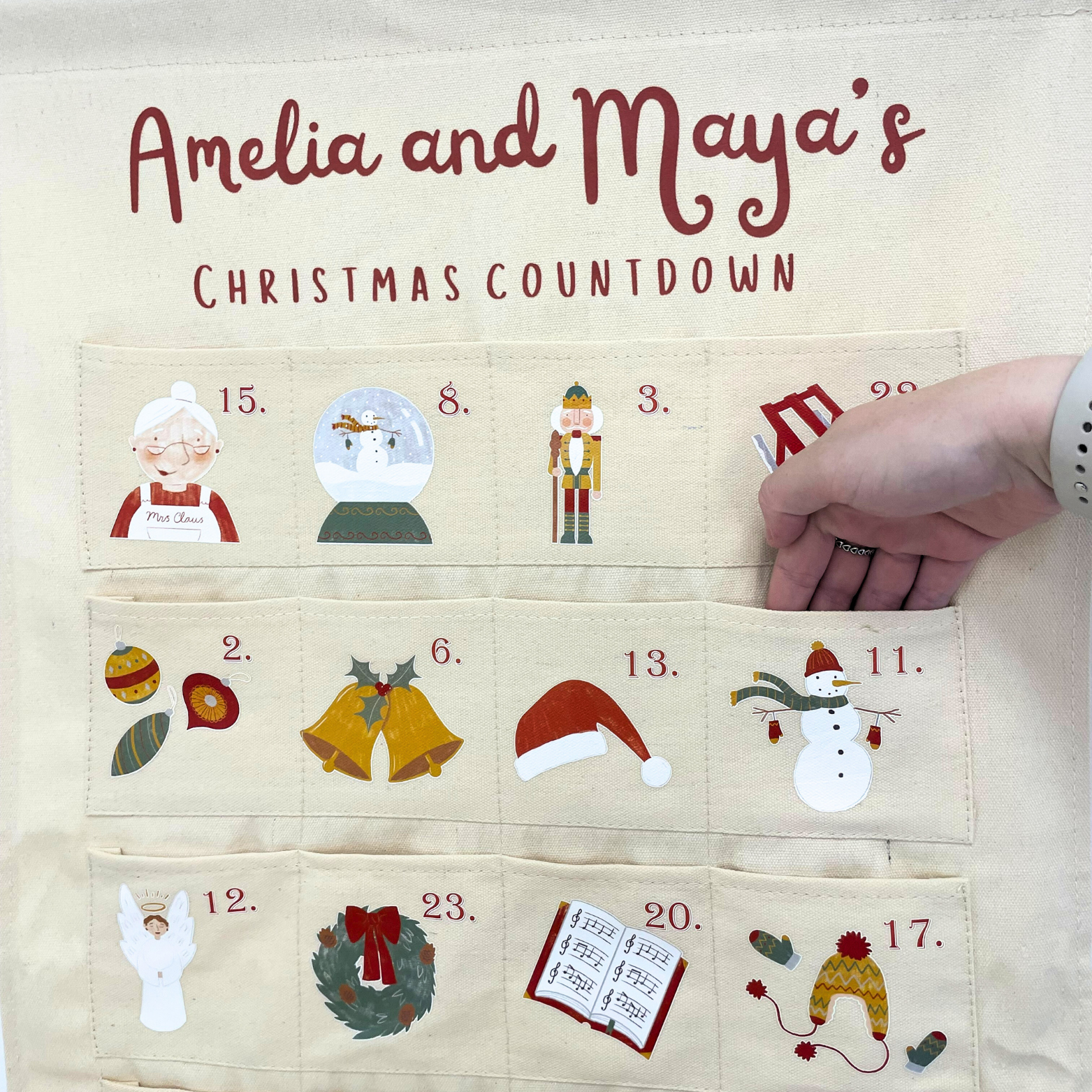 Traditional fabric advent calendar with custom name and festive pockets