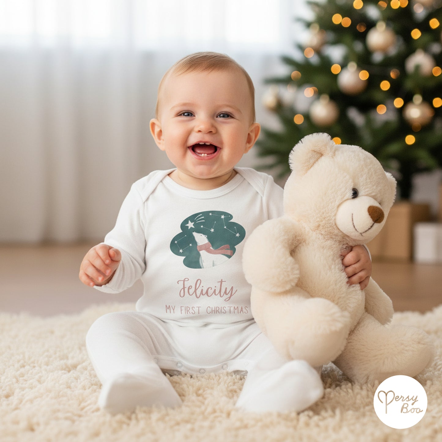 'My First Christmas' Pink Polar Bear Romper - Personalised Baby Grow - Christmas Pyjamas