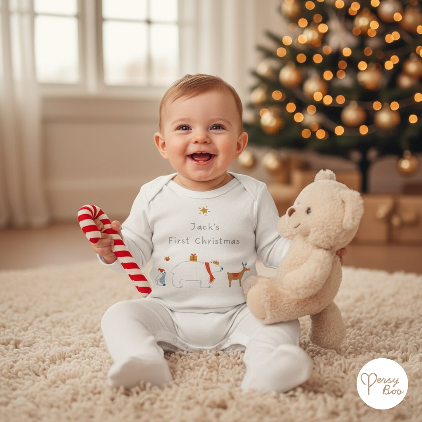 'My First Christmas' Winter Animals Romper - Personalised Baby Grow - Christmas Pyjamas