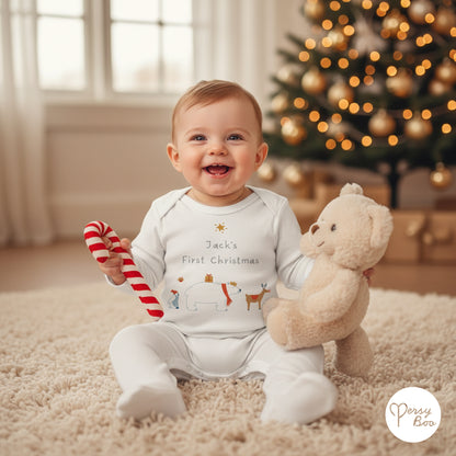 'My First Christmas' Winter Animals Romper - Personalised Baby Grow - Christmas Pyjamas