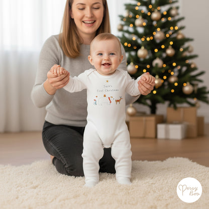 'My First Christmas' Winter Animals Romper - Personalised Baby Grow - Christmas Pyjamas