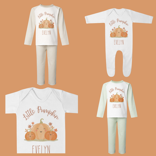 Little Pumpkin Seasonal PJs/pyjamas/Halloween/cream stripe/sage green stripe