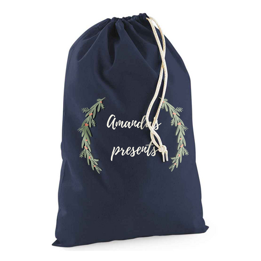 Personalised Wreath Sack with Christmas Gifts 100% Cotton