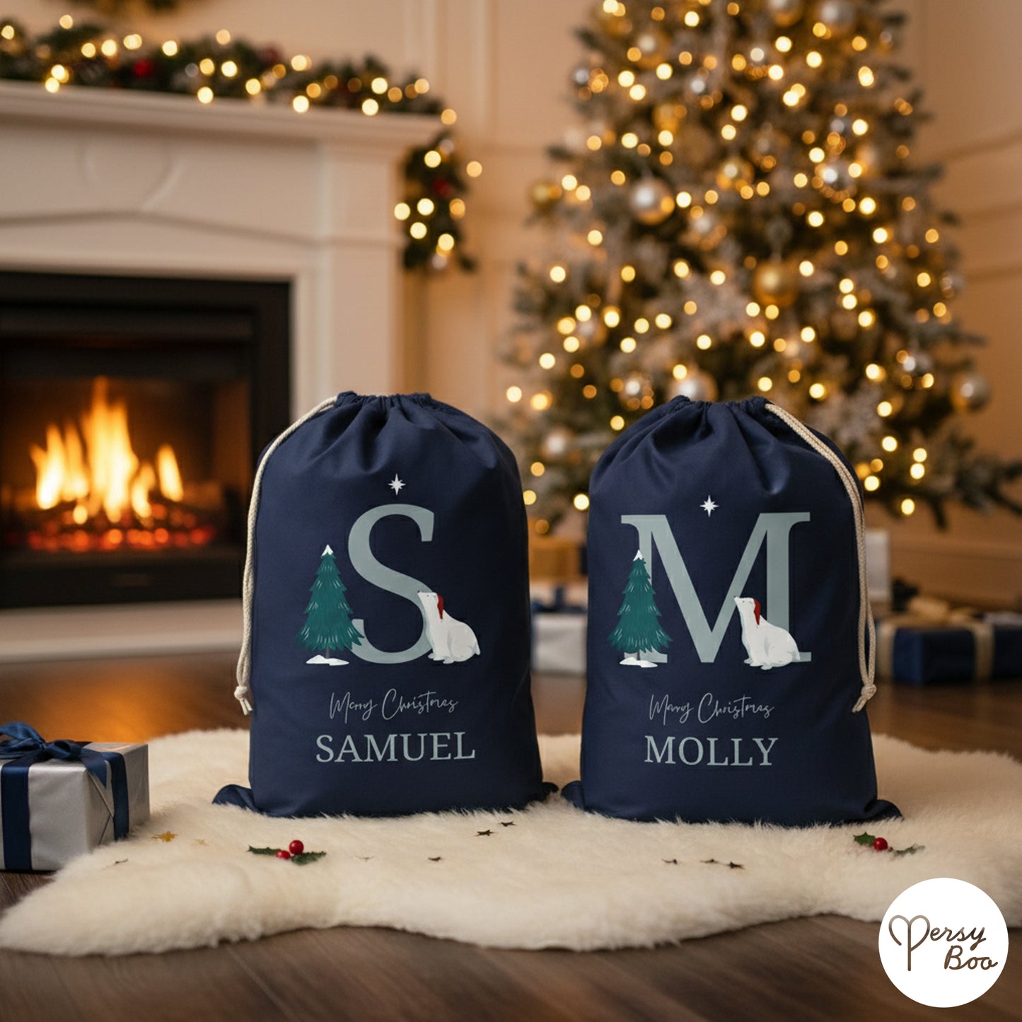 Personalised Polar Bear Sack with Name for Christmas Gifts 100% Cotton