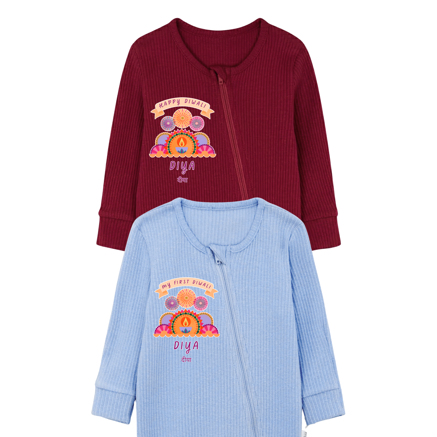 Personalised Happy Diwali Ribbed Babygrow - Matching Family Spiritual Pyjamas - Fireworks Design