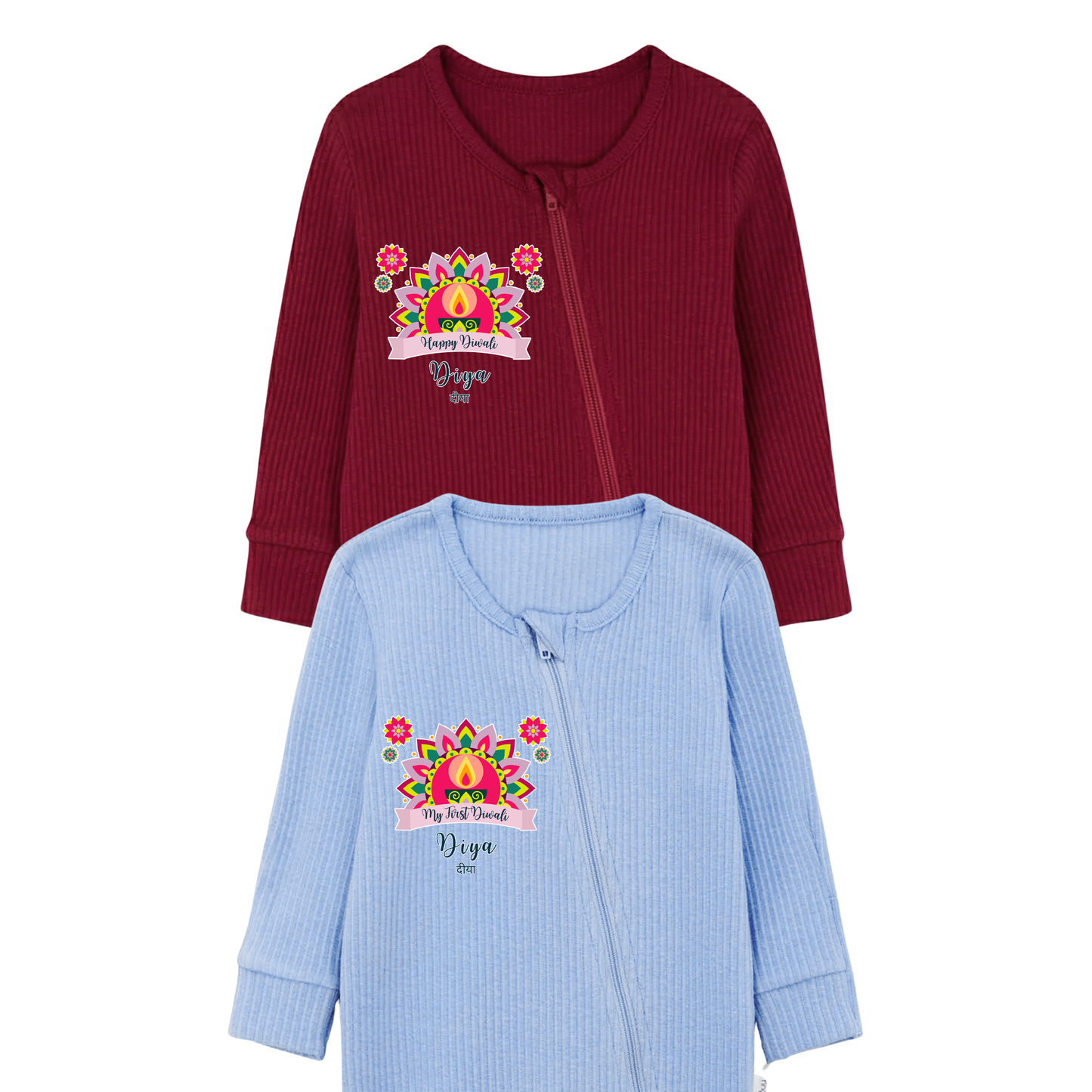 Personalised Happy Diwali Ribbed Babygrow - Matching Family Spiritual Pyjamas - Bold Mandala Design