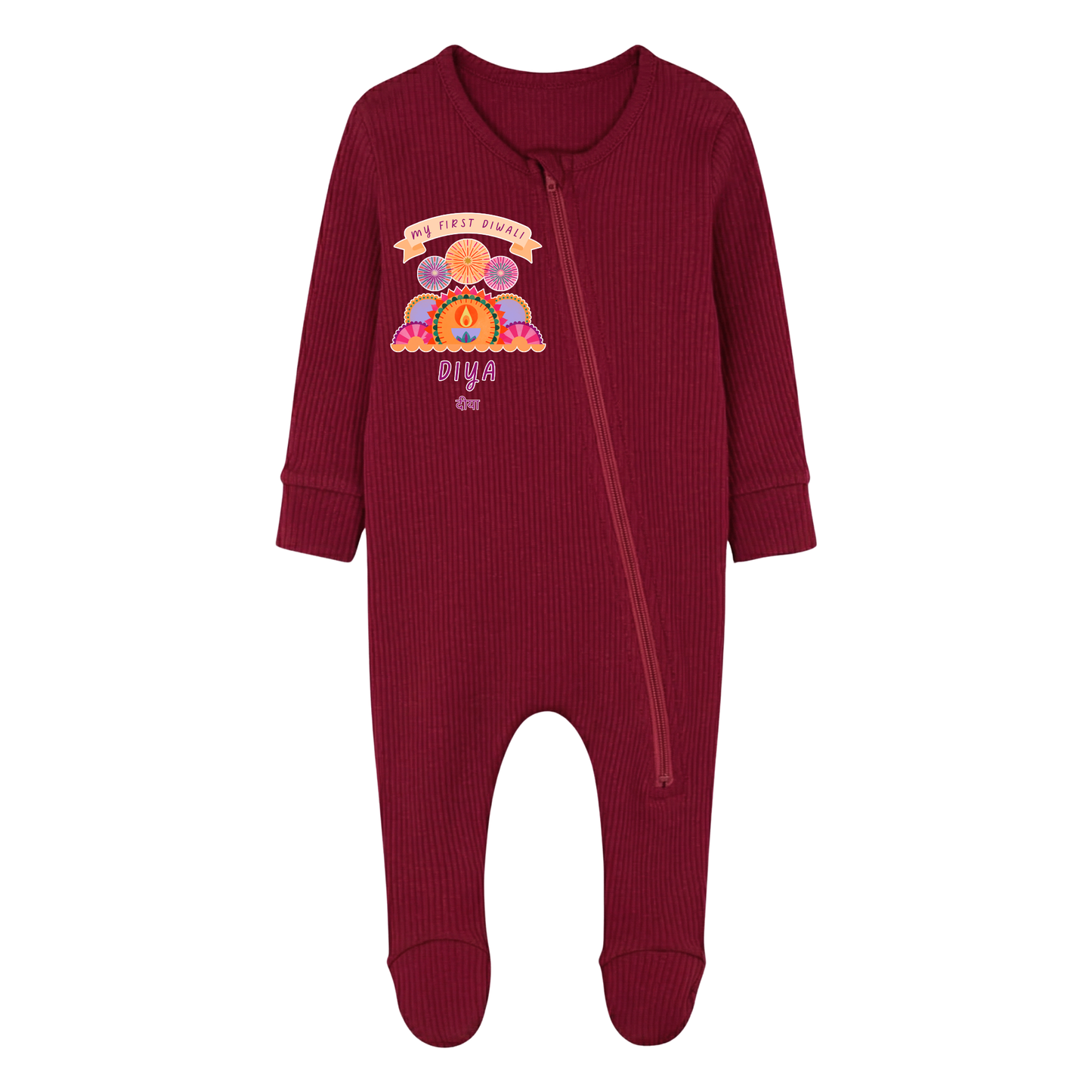 Personalised Happy Diwali Ribbed Babygrow - Matching Family Spiritual Pyjamas - Fireworks Design