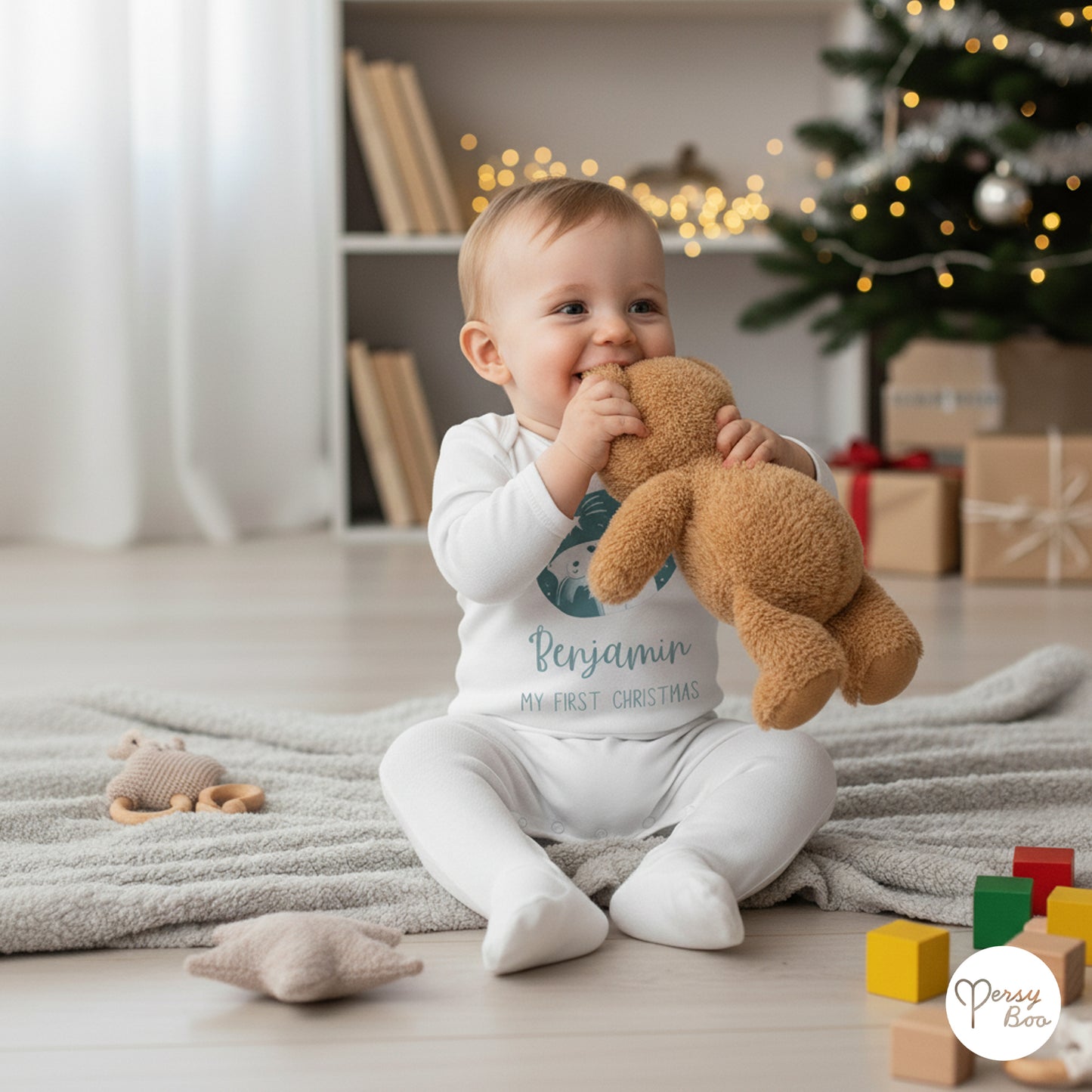 'My First Christmas' Blue Polar Bear Romper - Personalised Baby Grow - Christmas Pyjamas