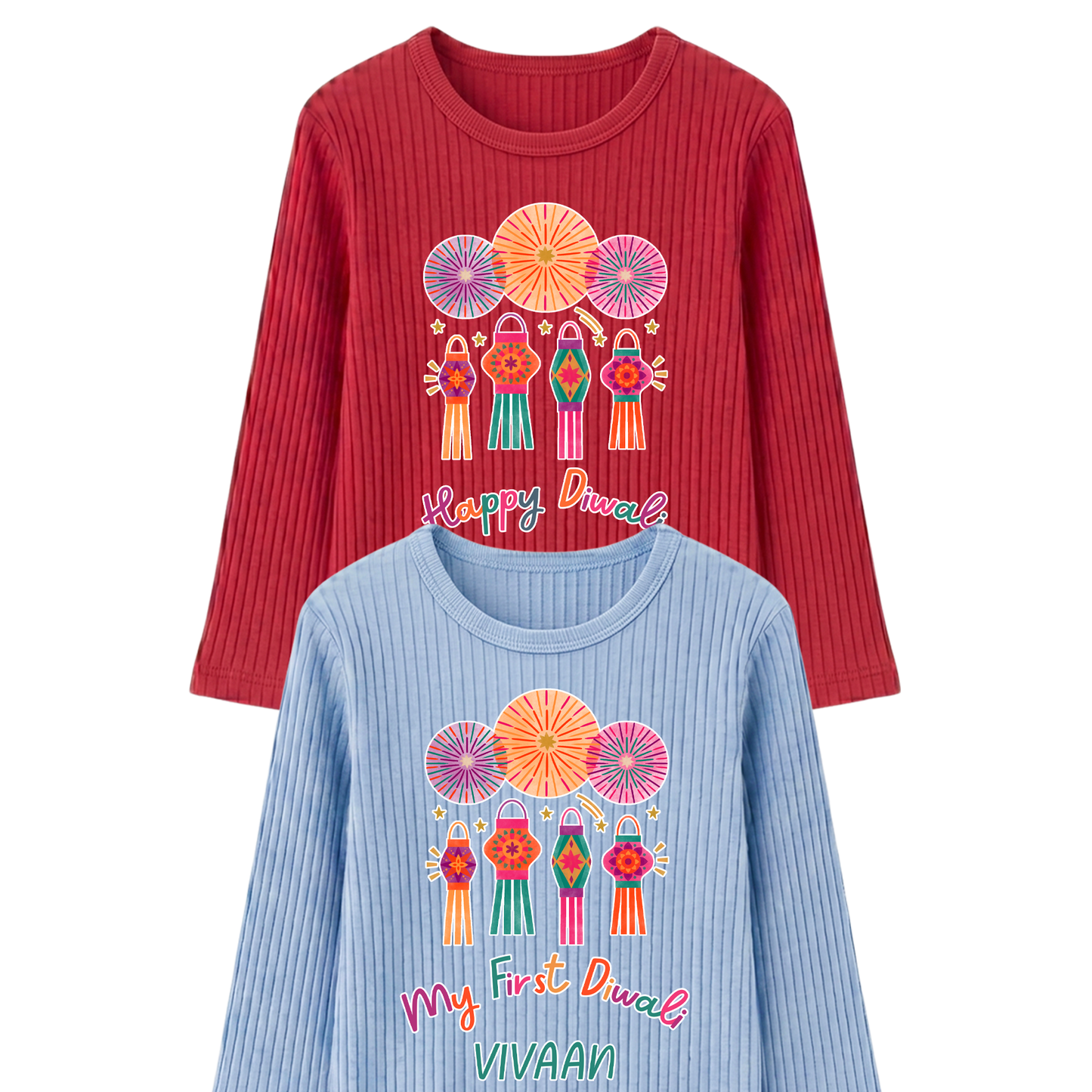 Personalised Happy Diwali Ribbed Lounge Set - Kids & Adults - Matching Family Spiritual Pyjamas - Lanterns Design