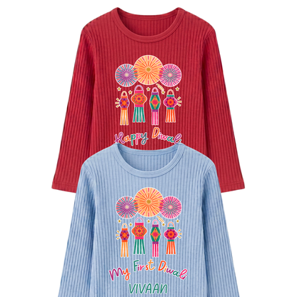 Personalised Happy Diwali Ribbed Lounge Set - Kids & Adults - Matching Family Spiritual Pyjamas - Lanterns Design