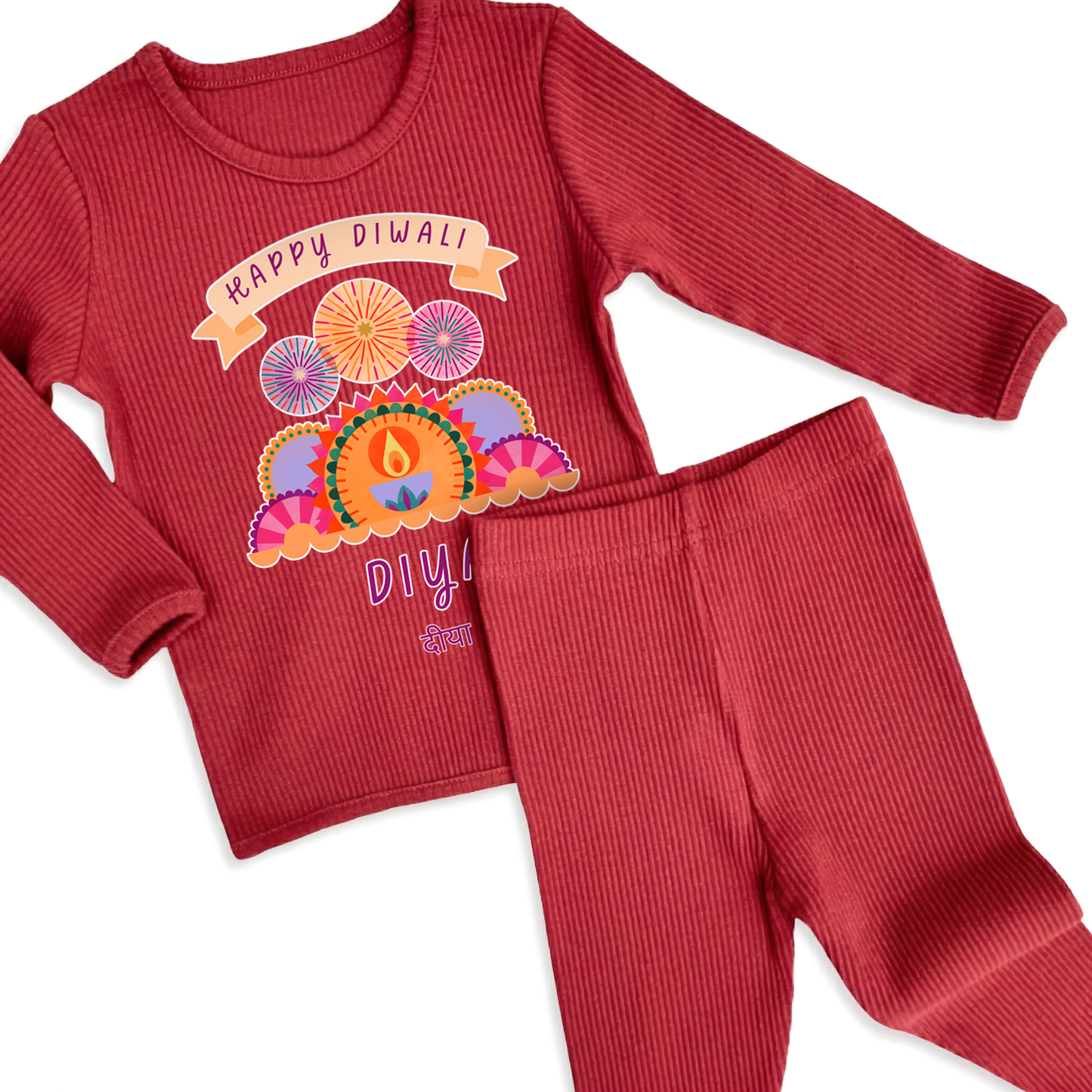 Personalised Happy Diwali Ribbed Lounge Set - Kids & Adults - Matching Family Spiritual Pyjamas - Fireworks Design