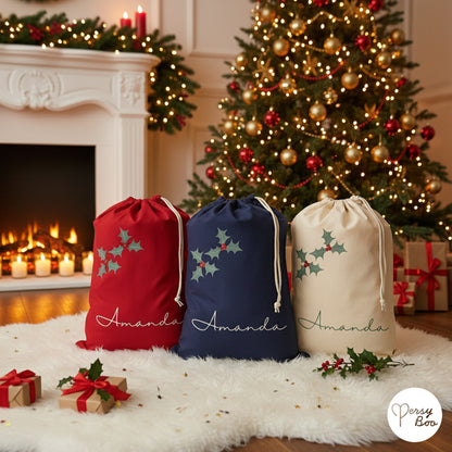 Personalised Holly Sack with Christmas Gifts 100% Cotton