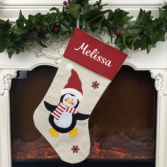 Personalised Christmas Stocking Penguin Red Stockings Hang Fireplace Xmas Decorations Family Kids Set