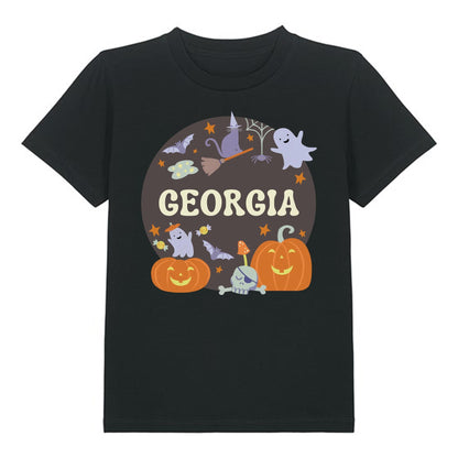 Spooky Halloween T-Shirt with Pumpkins, Spiders, Cat, Ghost & Bats personalised with any name