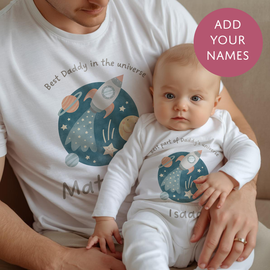 Personalised Matching Universe Set - Daddy and Baby Tshirt and Babygrow - My First Fathers' Day Gift