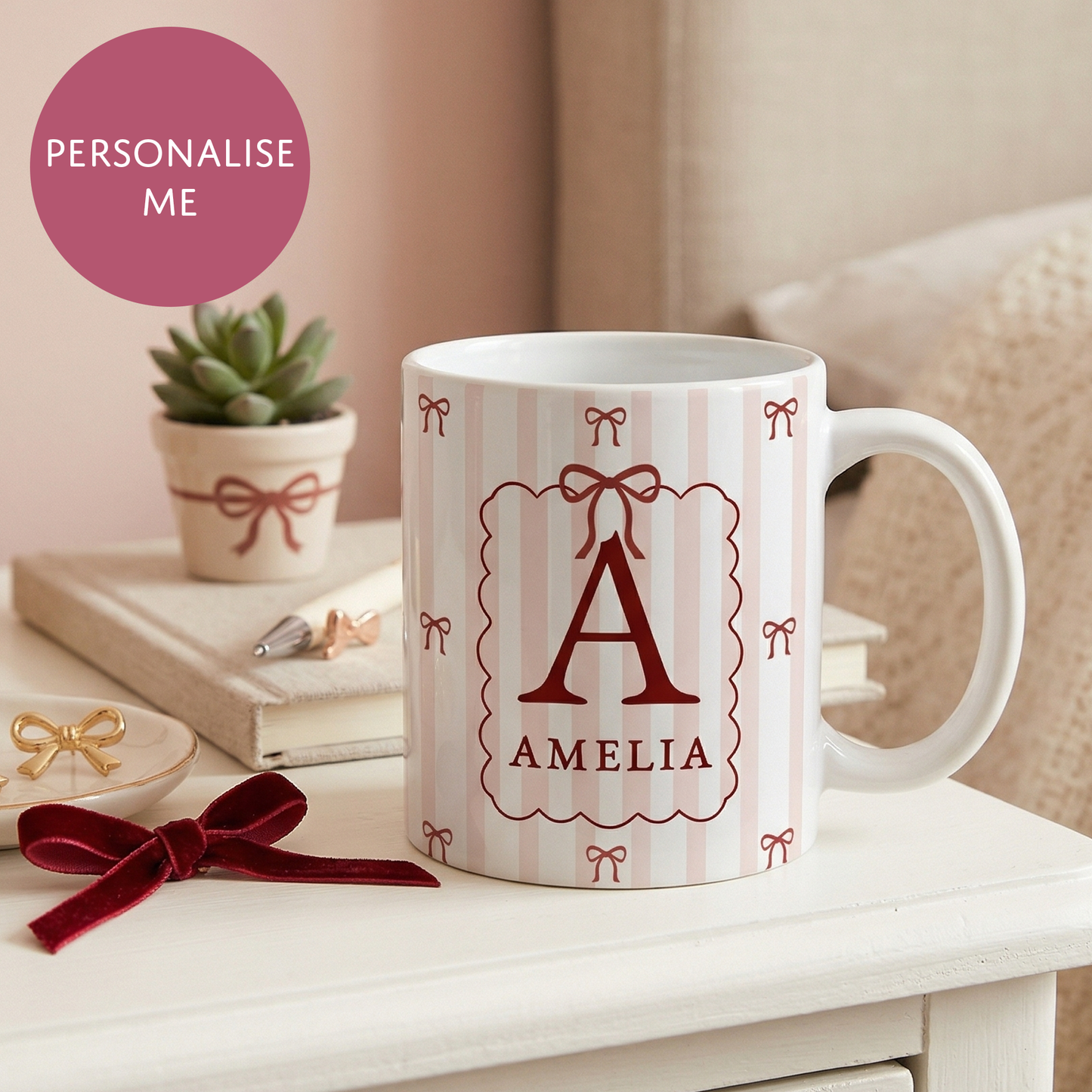 Personalised Striped Pink Bow Mug - Cute and Stylish Tea Coffee Mug - Teenage Girl Gift For Her
