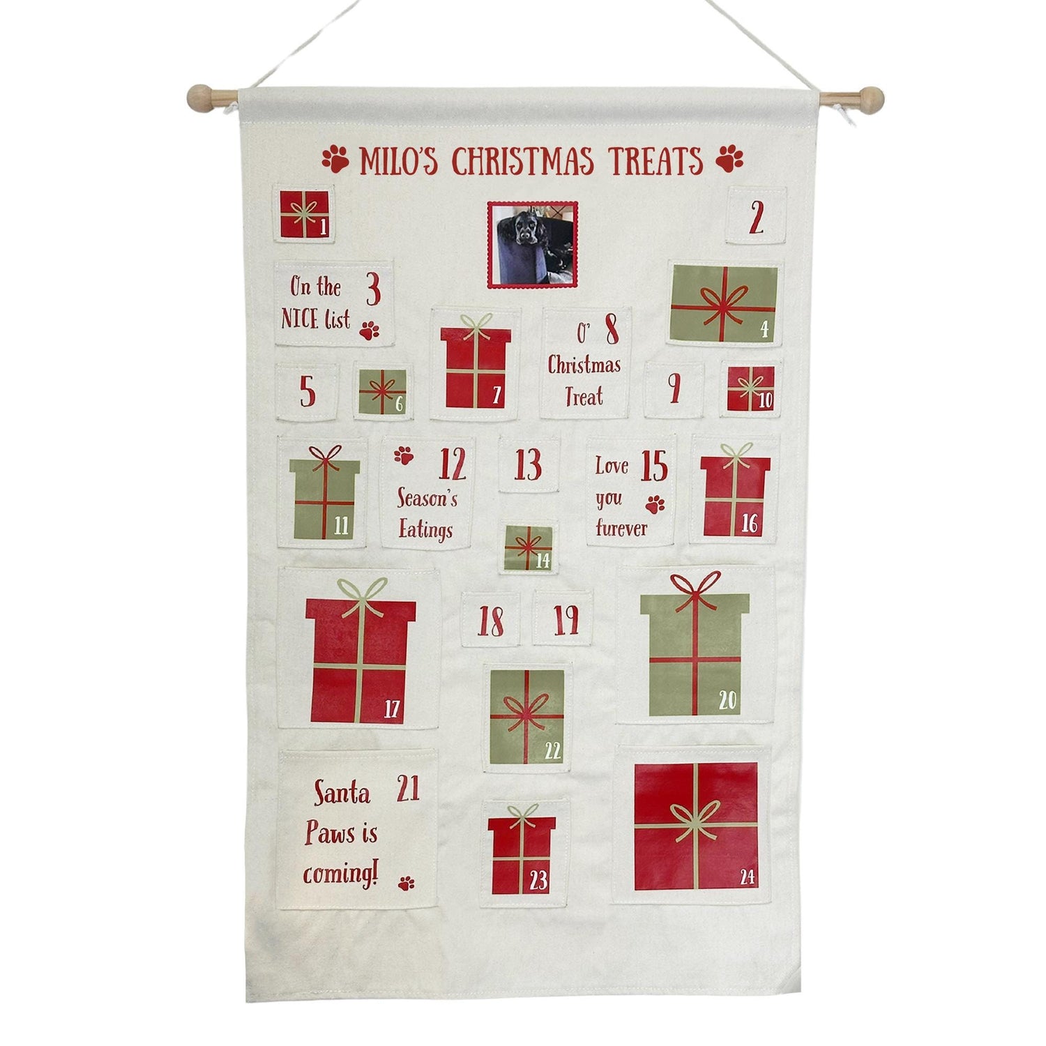Personalised pet advent calendar with dog treats inside reusable fabric pockets