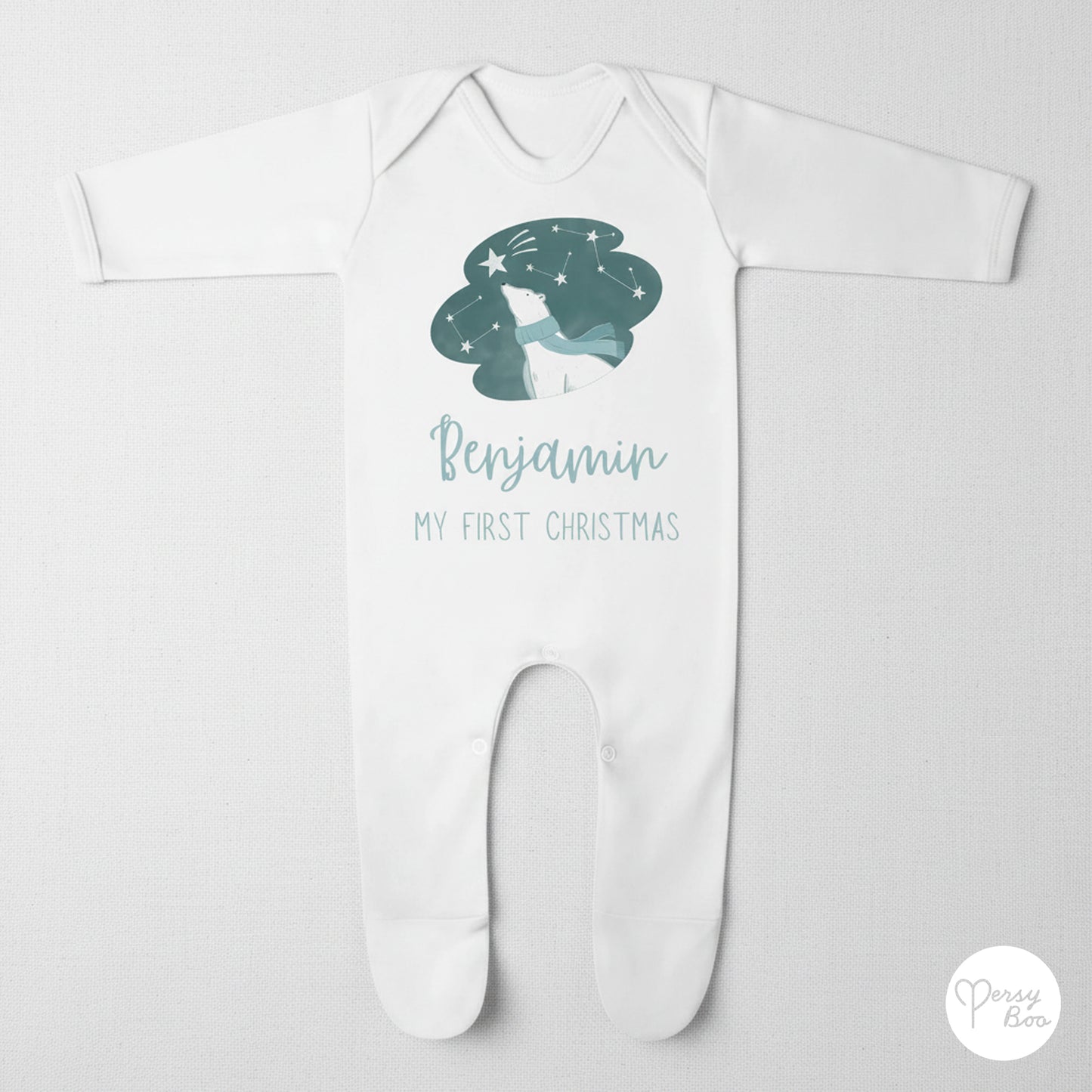 'My First Christmas' Blue Polar Bear Romper - Personalised Baby Grow - Christmas Pyjamas