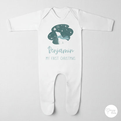 'My First Christmas' Blue Polar Bear Romper - Personalised Baby Grow - Christmas Pyjamas
