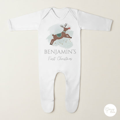 'My First Christmas' Reindeer Romper - Personalised Baby Grow - Christmas Pyjamas