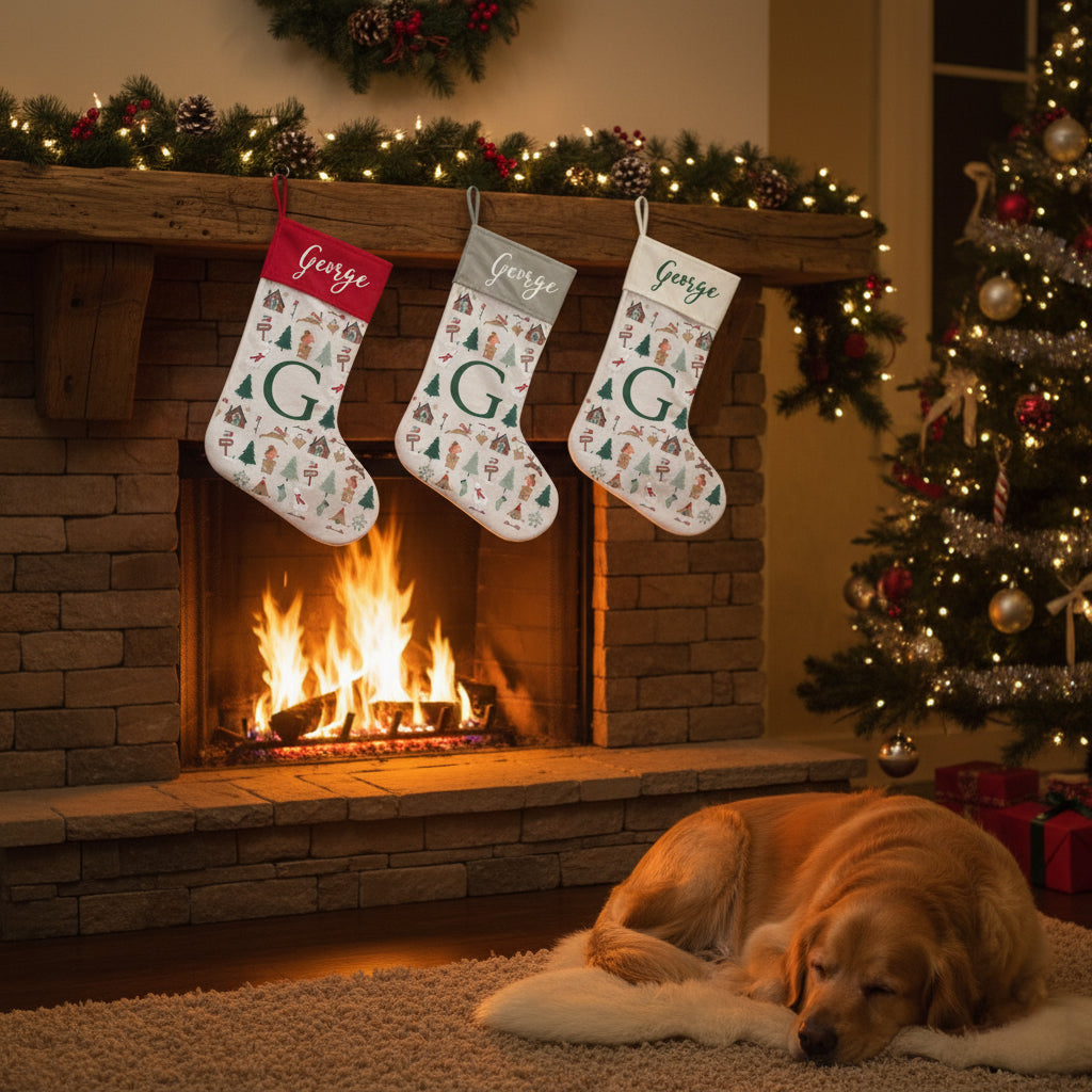 Patterned Festive Forest Stocking With Initial