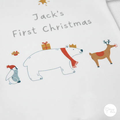 'My First Christmas' Winter Animals Romper - Personalised Baby Grow - Christmas Pyjamas