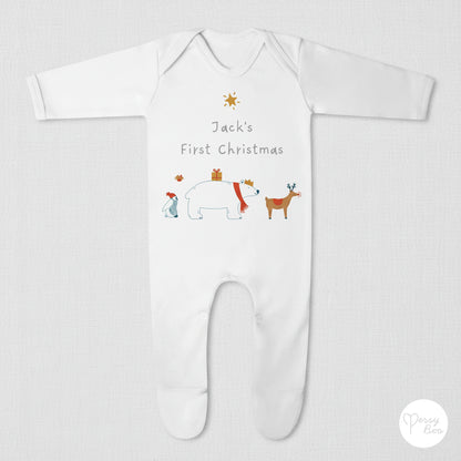 'My First Christmas' Winter Animals Romper - Personalised Baby Grow - Christmas Pyjamas