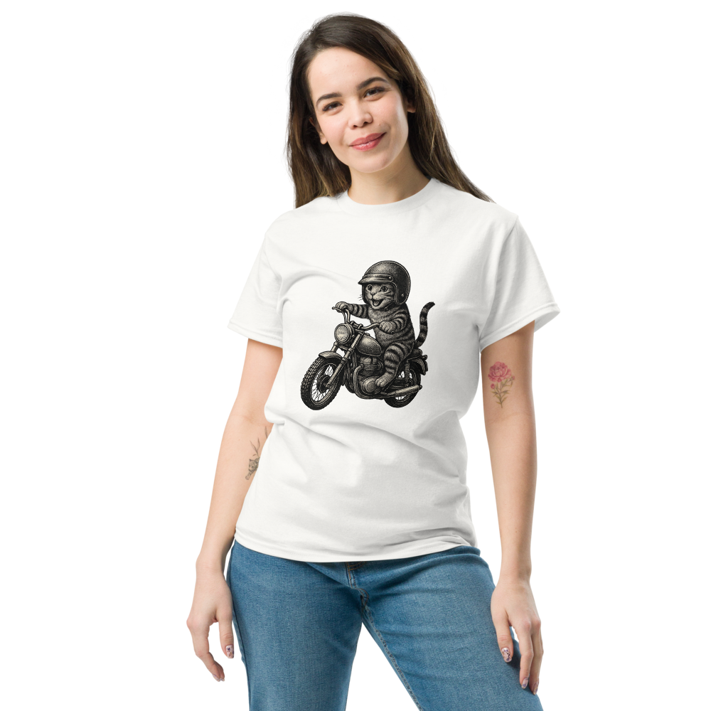 Cat Riding Motorbike Funny Biker Cat Tee